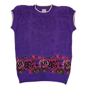 Vintage 80s Purple Floral Knit Sleeveless Retro Grandmacore Sweater Vest Size M‎